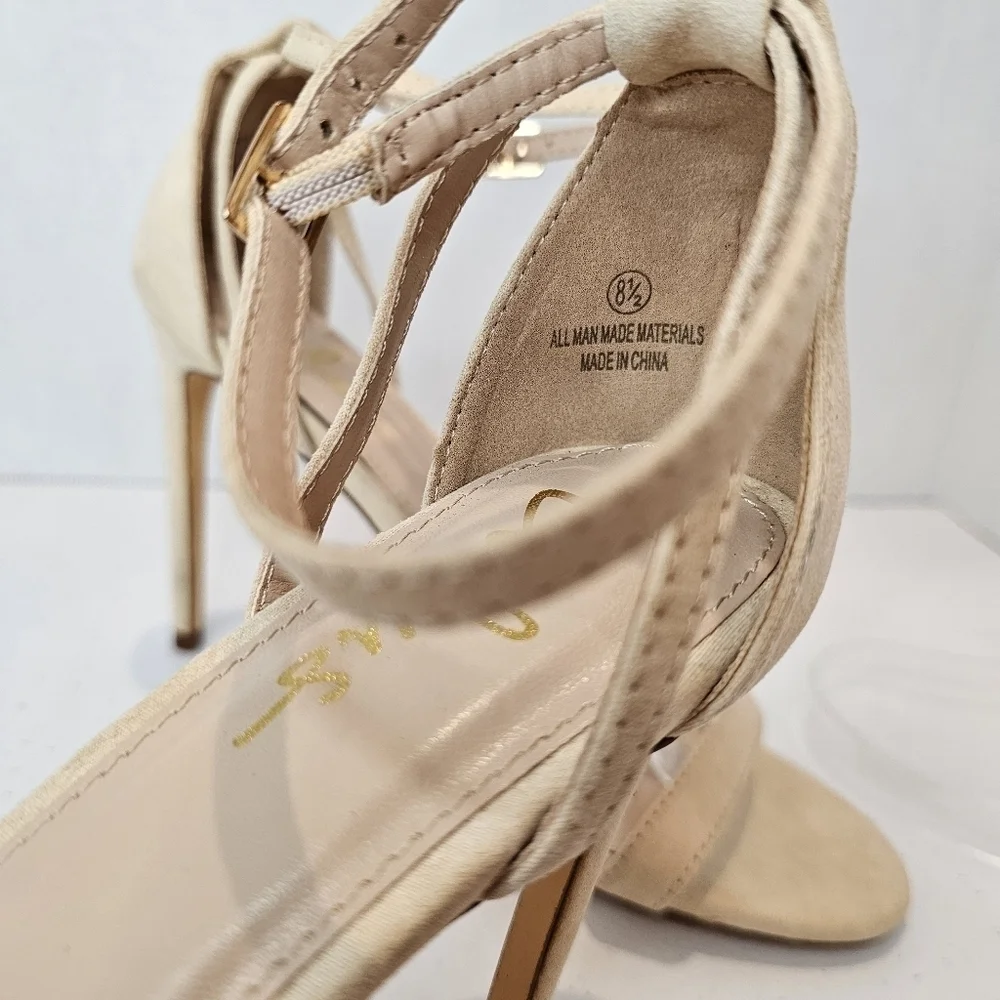 Lulus Stiletto Women's Size 8.5 Nude Vegan Suede Single Strap Heels Wedding